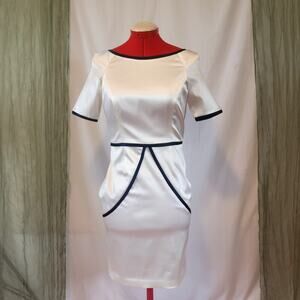 Hoaglund New York White with Navy Blue Trim Pencil Dress Short Sleeves Size 6